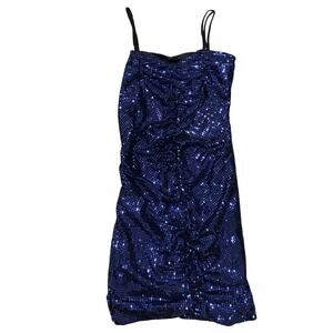 Dark Blue Sparkly Ruched Mini Dress 💙 Bodycon • Spaghetti Straps • Fits S/M